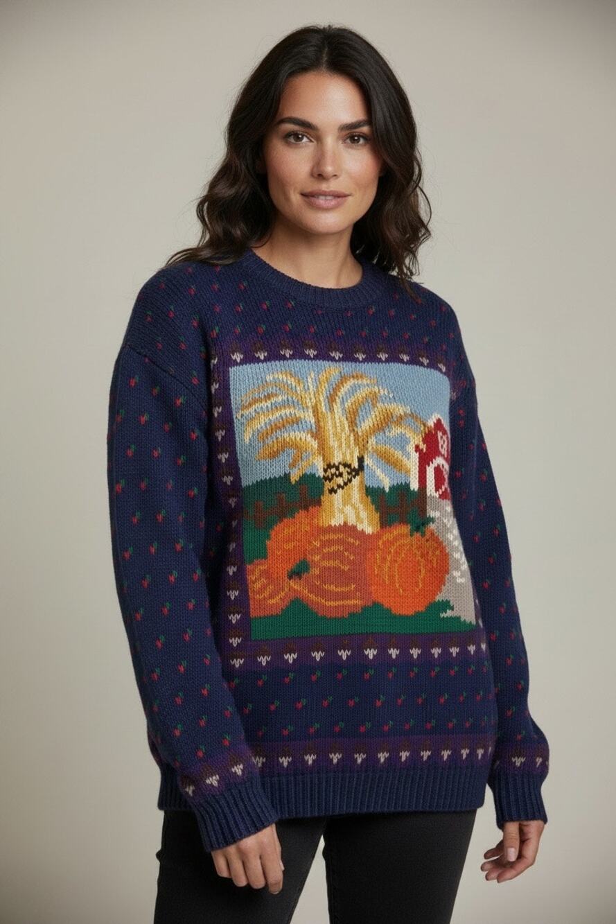 Vintage Northern Isles Americana Pumpkin Farm Knit Crewneck Sweater Fall Cozy